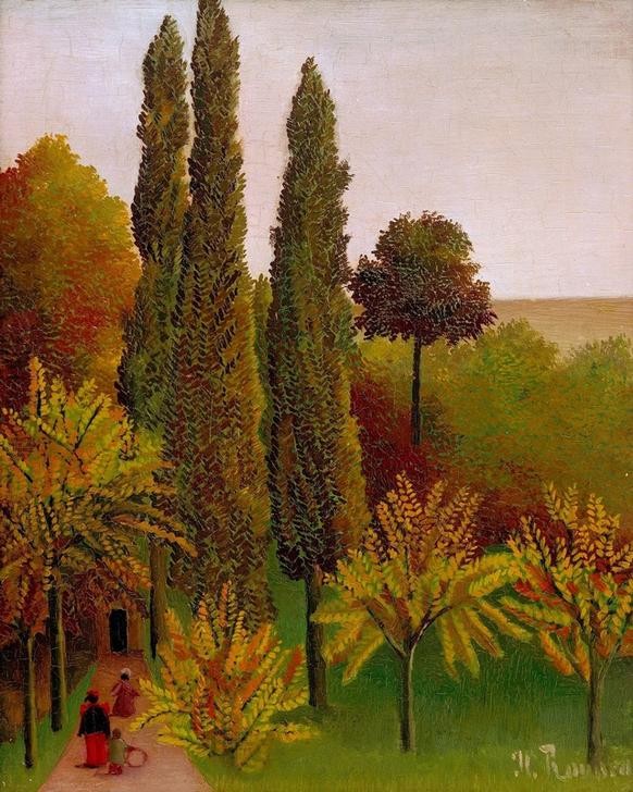 Henri Rousseau, La Promenade au parc des Buttes-Chau– mont (Garten, Park,  Landschaft, Spaziergang,Stadtpark, Bäume, Pappeln, Herbst, Jahrezeit, naive Malerei, Wunschgröße, Wohnzimmer, Malerei, Esszimmer, klassische Moderne, bunt)