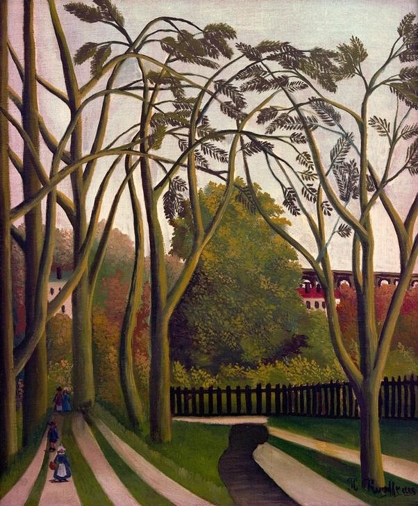 Henri Rousseau, Paysage des bords de la Bièvre près Bicêtre printemps (Jahreszeiten, Landschaft, Park, Bäume, Spaziergänger, Frühling, Parkwege, naive Malerei, Wunschgröße, Wohnzimmer, Treppenhaus, Malerei, klassische Moderne, bunt)