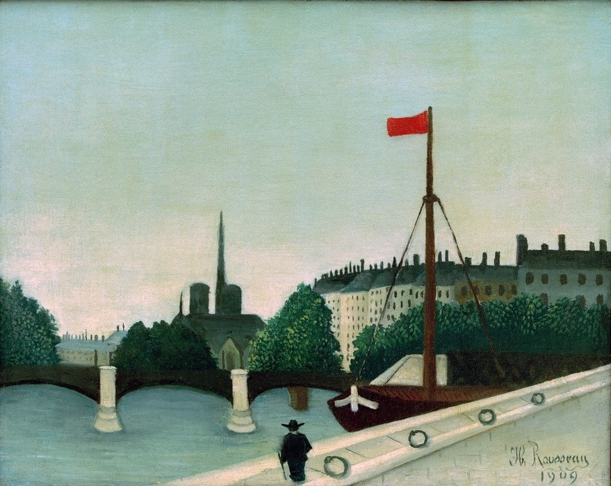 Henri Rousseau, Vue de l’île Saint-Louis prise du quai Henri IV (Paris, Städte, Fluss, Seine, Insel, Boote, naive Malerei, Wunschgröße, Wohnzimmer, Treppenhaus, Malerei, klassische Moderne, bunt)