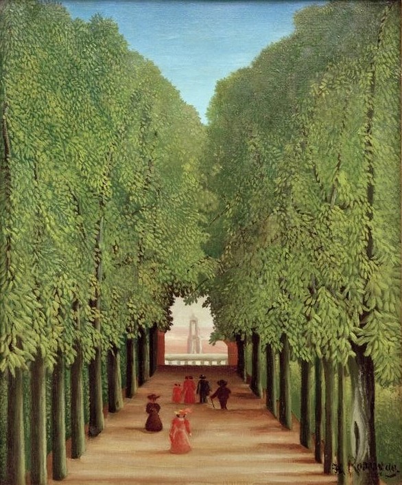 Henri Rousseau, L’Allée au parc à Saint-Cloud (Allee, Bäume, Landschaft, Park, Schlosspark, Spaziergang, Promenade,  naive Malerei, Wunschgröße, Wohnzimmer, Treppenhaus, Malerei, klassische Moderne, bunt)