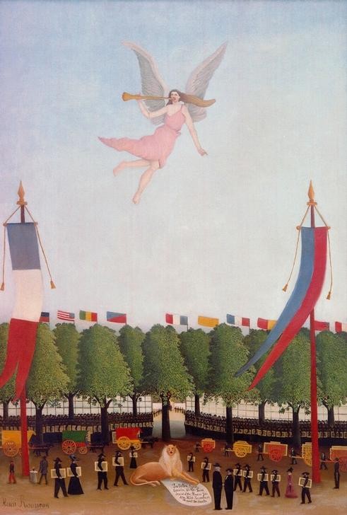 Henri Rousseau, La Liberté invitant les artistes à prendre part à la 22e exposition des artistes indépendants (Ausstellung, Einladung,  Künstler, Kunstausstellung, Freiheit, Allegorie, Genius,  Trikolore, Beflaggung, Salon Des Independants, naive Malerei, Wunschgröße, Wohnzimmer, Treppenhaus, Malerei, klassische Moderne, bunt)