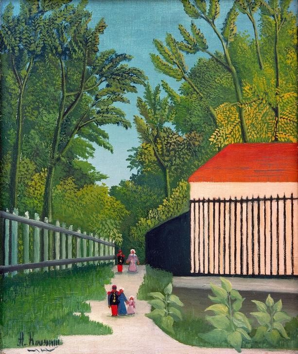 Henri Rousseau, La Promenade au parc Montsouris (Garten, Park, Menschen, Spaziergänger, Gartenzaun,  naive Malerei, Wunschgröße, Wohnzimmer, Treppenhaus, Malerei, klassische Moderne, bunt)