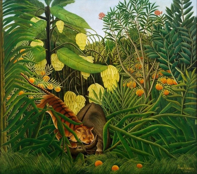 Henri Rousseau, Combat de tigre et de buffle (Dschungel, Bäume, Jaguar, Raubkatze, Pferd, Jagd, Kampf, Beute, magischer Realismus, Wunschgröße, Wohnzimmer, Treppenhaus, Malerei, klassische Moderne, bunt)