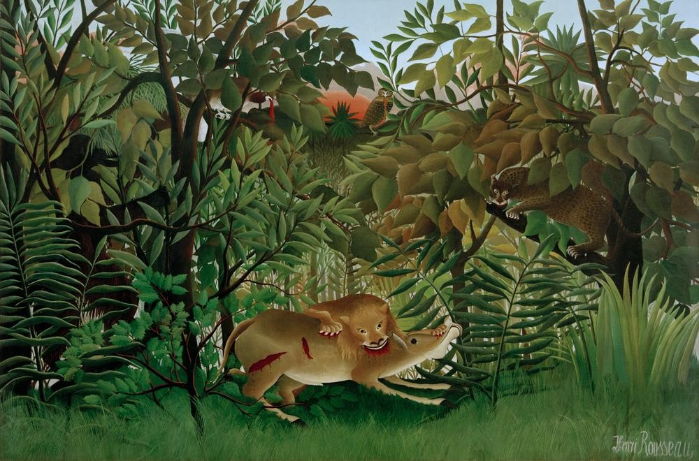 Henri Rousseau, Le Lion, ayant faim, se jette sur l’Antilope (Dschungel, Bäume, Löwe, Panther, Kuh, Beute, Jagd, Kampf, magischer Realismus, Wunschgröße, Wohnzimmer, Treppenhaus, Malerei, klassische Moderne, bunt)