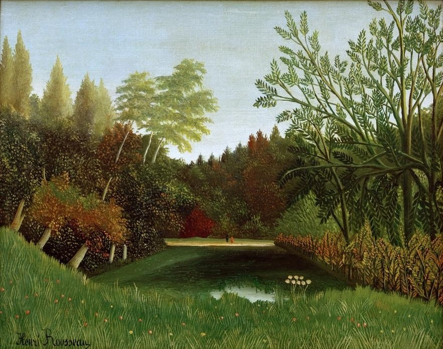 Henri Rousseau, Vue du Bois de Boulogne (Garten,Park, Landschaft, Stadtpark, See, Bäume, Idylle, naive Malerei, Wunschgröße, Wohnzimmer, Treppenhaus, Malerei, klassische Moderne, bunt)