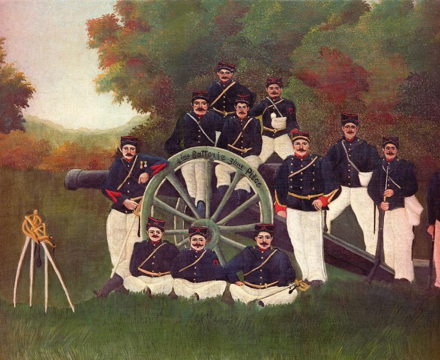 Henri Rousseau, Les Artilleurs (Artillerie, Soldaten, Kanone, Gruppenbild,  Militär, naive Malerei, Wunschgröße, Wohnzimmer, Treppenhaus, Malerei, klassische Moderne, bunt)