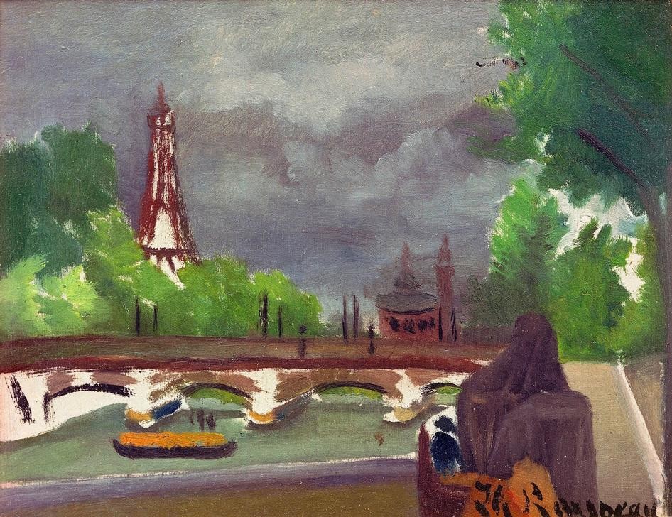 Henri Rousseau, Esquisse, vue de la Tour Eiffel et du Trocadéro (Paris, Brücke, Fluss, Seine, Eiffelturm, Skizze, naive Malerei, Wunschgröße, Wohnzimmer, Treppenhaus, Malerei, klassische Moderne, bunt)