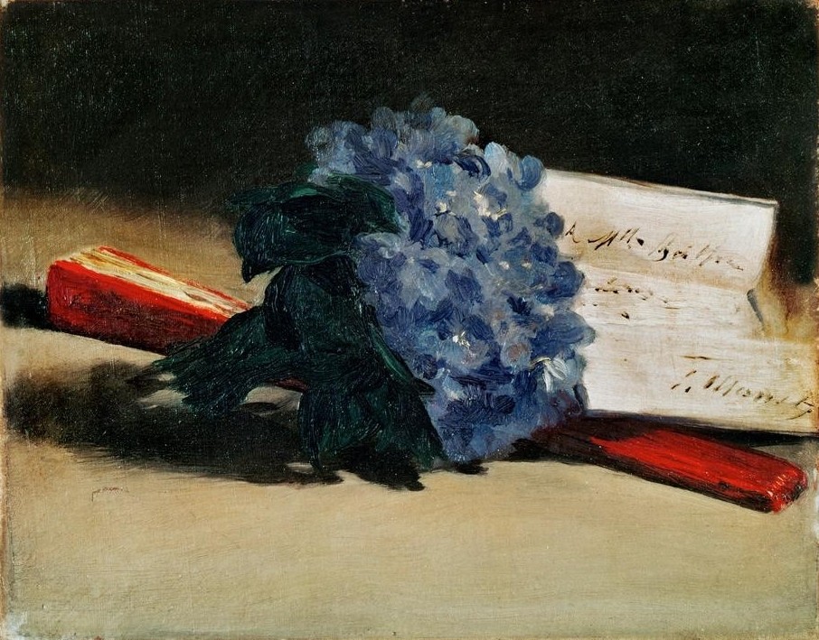 Edouard Manet, Bouquet des violettes et éventail (Brief,Fächer,Kunst,Veilchen,Impressionismus,Stillleben,Fan,Blumenstrauss,Französische Kunst,Widmung,Blume,Blumentopf)