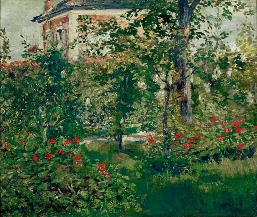 Edouard Manet, Un coin du jardin de Bellevue (Garten Und Park,Landhaus,Landschaft,Park,Impressionismus,Hausgarten,Französische Kunst,Blume,Begonie,Garten)