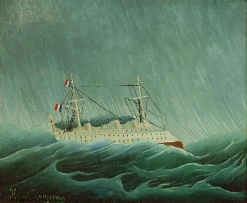 Henri Rousseau, Le navire dans la tempête (L’orage sur la mer) (Schiff, Dampfer, Sturm, Gewitter, Seegang, Wellen, Wetter, Regen, Meer, Meeresbrise, Marinemalerei, französische Flaggen, naive Malerei, Wunschgröße, Wohnzimmer, Treppenhaus, Malerei, klassische Moderne, bunt)