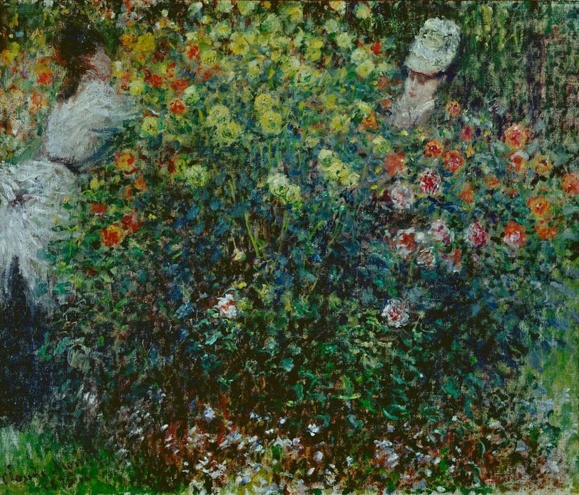 Claude Monet, Jeunes Filles dans un massif de dahlias (Botanik,Frau,Garten Und Park,Kunst,Menschen Im Park,Spaziergang,Impressionismus,Französische Kunst,Dahlie,Ziergarten,Menschen Im Garten,Kleidung (Allgemein),Fin De Siecle,Frauenleben,Blume,Junge Frau,Blumenbeet)