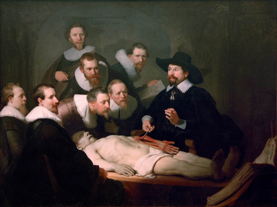 Rembrandt Harmenszoon van Rijn, Anatomische Vorlesung des Dr. Nicolaes Tulp (Anatomie,Gruppenbild,Leiche,Medizin,Naturwissenschaft,Pädagogik,Sektion,Tod,Vorlesung,Wissenschaft,Student,Barock,Unterricht,Portrait,Lernen,Chirurgie,Schüler,Scorcio,Helldunkel,Niederländische Kunst,Kragen,Licht Und Schatten,Pathologie,Autopsie,Radkragen)