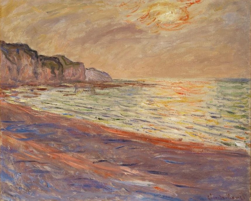 Claude Monet, La plage de Pourville, soleil couchant (Küste,Kunst,Landschaft,Sonnenuntergang,Strand,Tageszeiten,Abend,Meer,Impressionismus,Französische Kunst,Dämmerung,Steilküste)