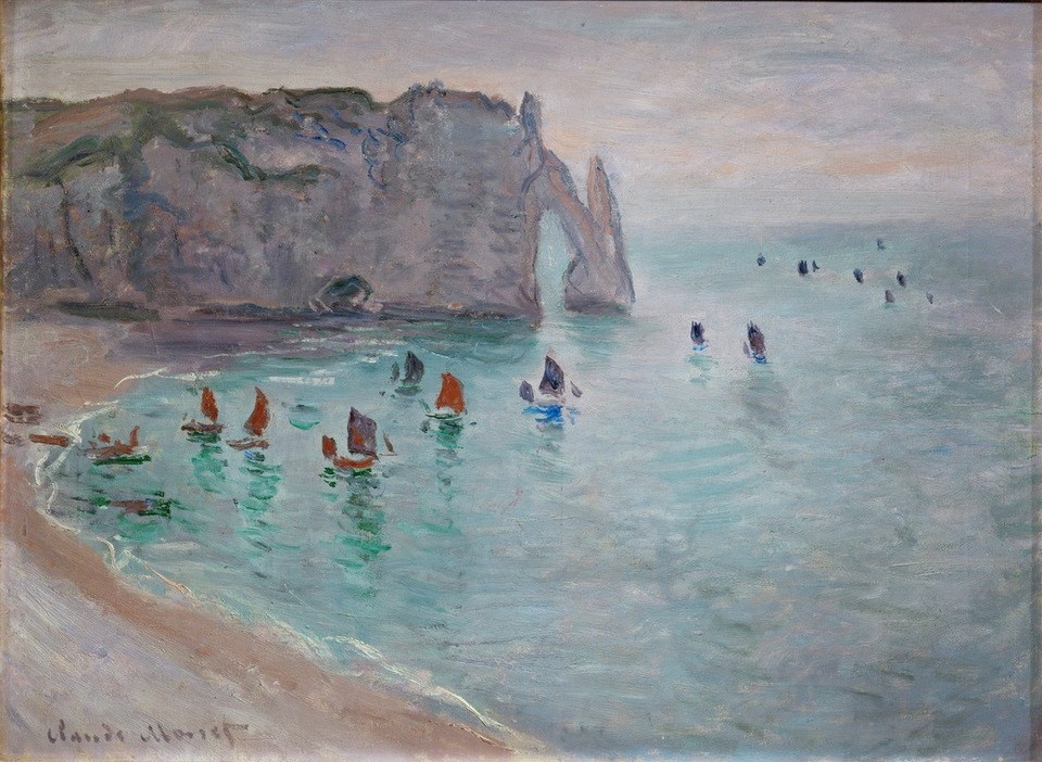 Claude Monet, Etretat, Porte d’Aval: bateaux de pêche sortant du port (Küste,Kunst,Landschaft,Schiff,Strand,Fischerboot,Meer,Impressionismus,Felsen,Französische Kunst,Steilküste,Felsentor)
