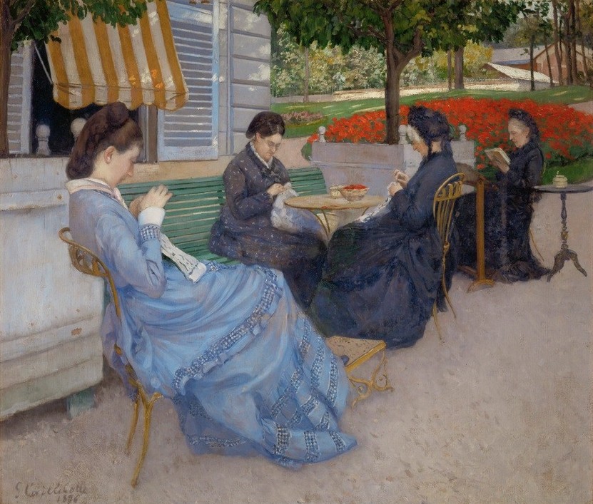 Gustave Caillebotte, Portraits à la campagne (Damenmode,Familie,Frau,Gruppenbild,Handarbeit,Kunst,Landhaus,Mensch,Mode,Park,Freizeit,Sticken,Impressionismus,Stricken,Sommerurlaub,Portrait,Mutter Von Berühmten,Lesen (Allgemein),Mutter,Nähen,Französische Kunst,Im Freien (Allgemein),Nähmaschine,Landlebe)