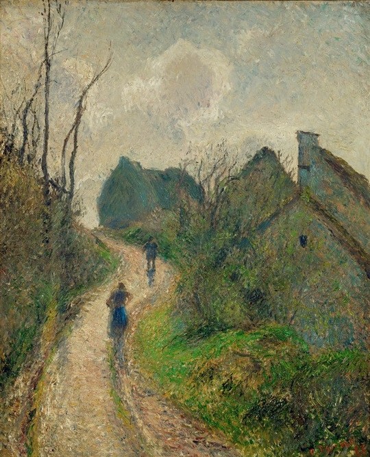 Camille Pissarro, Chemin montant à Osny (Dach,Dorfstrasse,Dorf,Kunst,Landschaft,Impressionismus,Pointillismus,Baum,Stadtansicht,Französische Kunst,Fussgänger,Balken)