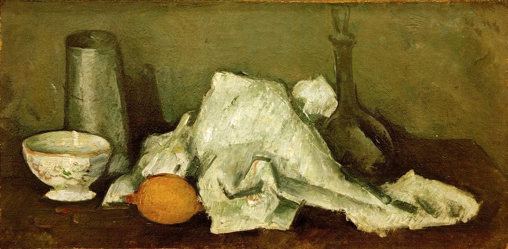Paul Cézanne, Milchkrug und Zitrone II (Essgeschirr,Früchte,Kunst,Obst,Impressionismus,Stillleben,Französische Kunst,Zitrone,Milchkanne,Küchenstillleben)