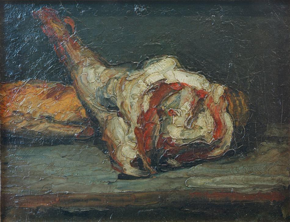 Paul Cézanne, Pain et gigot d’agneau (Brot,Kunst,Impressionismus,Nahrungsmittel,Stillleben,Fleisch,Französische Kunst,Küchenstillleben,Lammkeule)