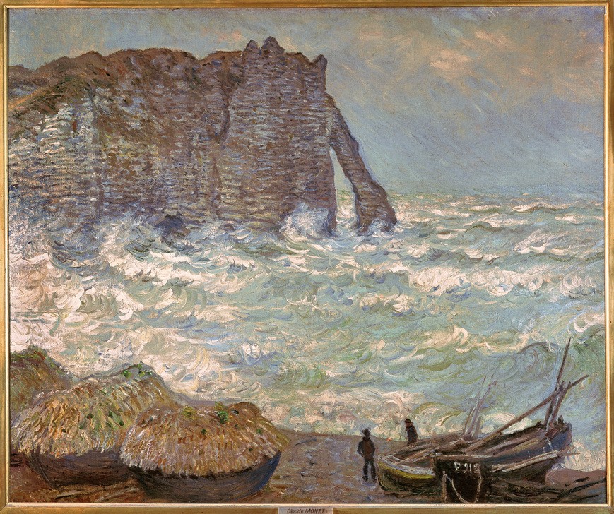 Claude Monet, Étretat, mer agitée (Boot,Fischerei,Gewitter,Küste,Kunst,Landschaft,Meteorologie,Regen,Schiff,Wetter,Meer,Impressionismus,Brandung,Felsen,Französische Kunst,Donner,Welle,Steilküste,Sturm)