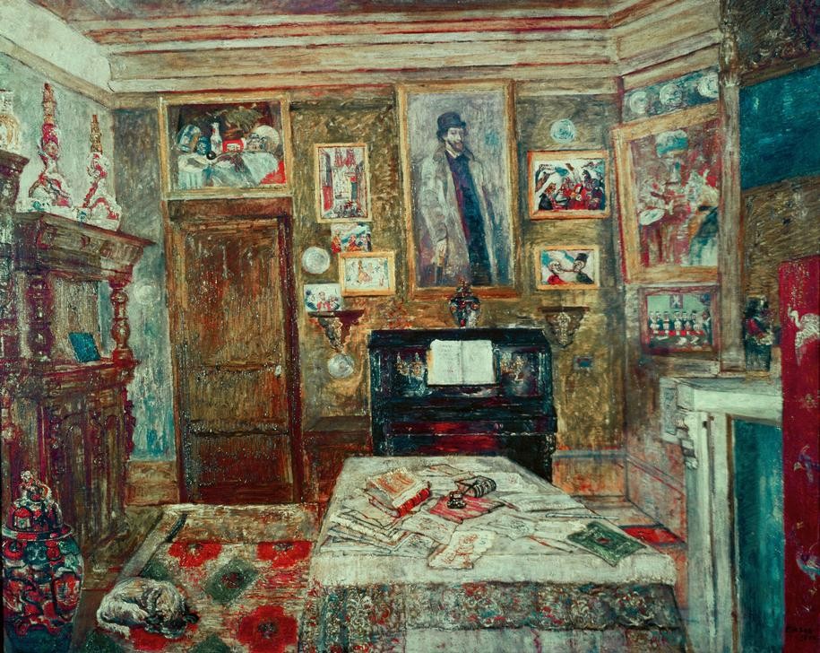 James Ensor, Ma chambre préférée (Architektur,Katze (Tier),Kunst,Möbel,Wohnzimmer,Wohnung,Tisch,Bild Im Bild,Klavier,Interieur,Künstlerhaus (Wohnhaus),Belgische Kunst,Innenansicht,Tier,Anrichte)