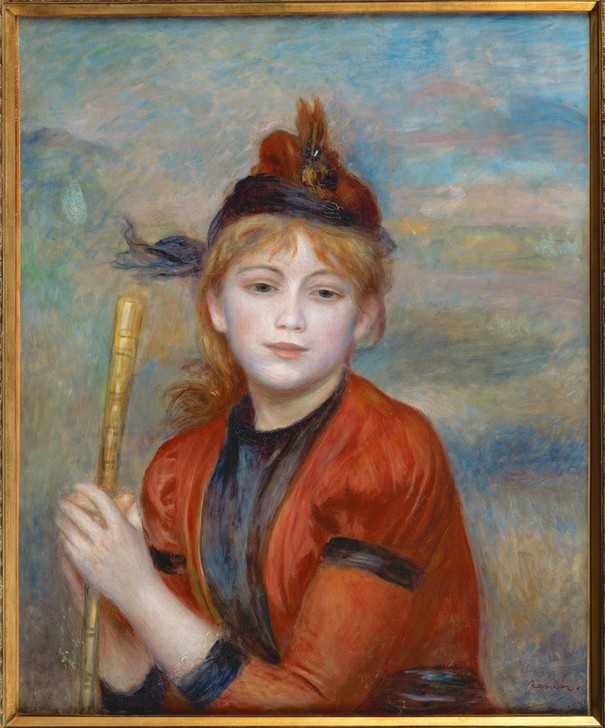 Pierre-Auguste Renoir, L’excursioniste (Ausflug,Freilichtmalerei,Frau,Künstlerin,Künstler,Kunst,Mädchen,Maler (Künstler),Freizeit,Urlaub,Impressionismus,Portrait,Französische Kunst,Im Freien (Allgemein),Wanderstock,Kopf,Junge Frau,Halbfigur,Pilgerstab)