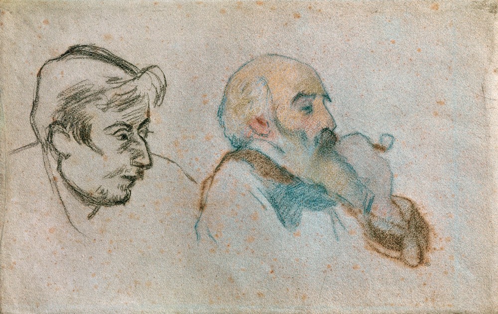 Camille Pissarro, Selbstbildnis des Künstlers (rechts) mit Paul Gauguin (Künstler,Kunst,Maler (Künstler),Mann,Impressionismus,Selbstbildnis,Portrait,Französische Kunst,Doppelportrait,Person)