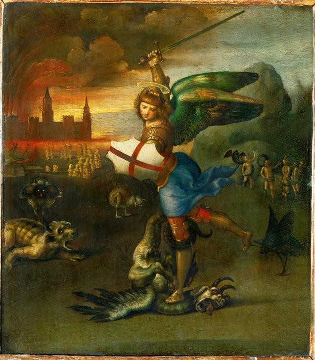 Raffael, Der Erzengel Michael im Kampf mit dem Drachen (Christentum,Engel,Religion,Renaissance,Neues Testament,Bibel,Teufel,Erzengel,Italienische Kunst,Apokalypse,Gut Und Böse,Drache (Fabelwesen))