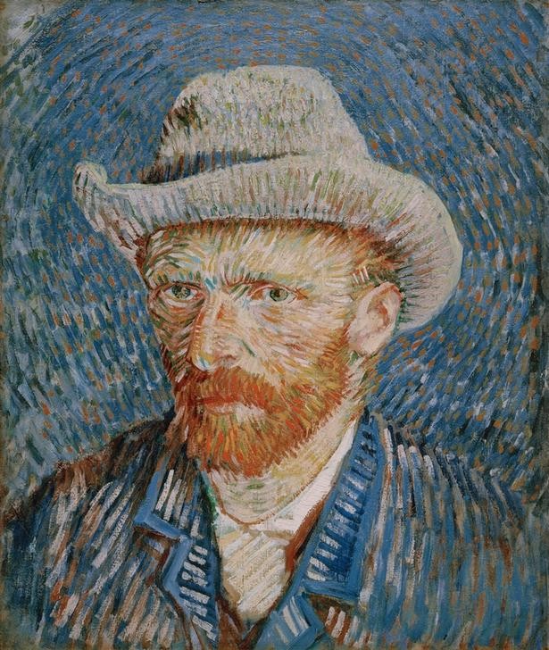 Vincent van Gogh, Selbstbildnis mit grauem Filzhut (Herrenhut,Künstler,Maler (Künstler),Mann,Impressionismus,Hut,Selbstbildnis,Portrait,Niederländische Kunst,Person,Filzhut)