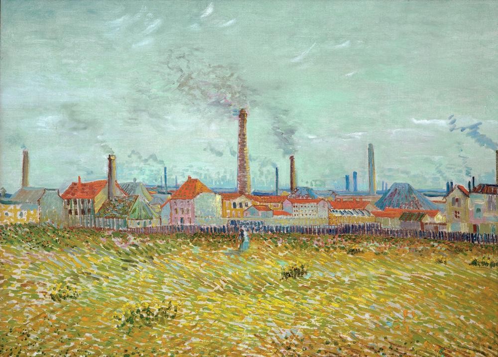 Vincent van Gogh, Fabriken in Asnières, vom Quai de Clichy aus gesehen (Industrie,Kunst,Landschaft,Schornstein,Luftverschmutzung,Impressionismus,Fabrik,Architekturdarstellung,Niederländische Kunst,Holländische Kunst,Rauch,Industrieanlage,Umweltverschmutzung,Industrielandschaft,Postimpressionismus)