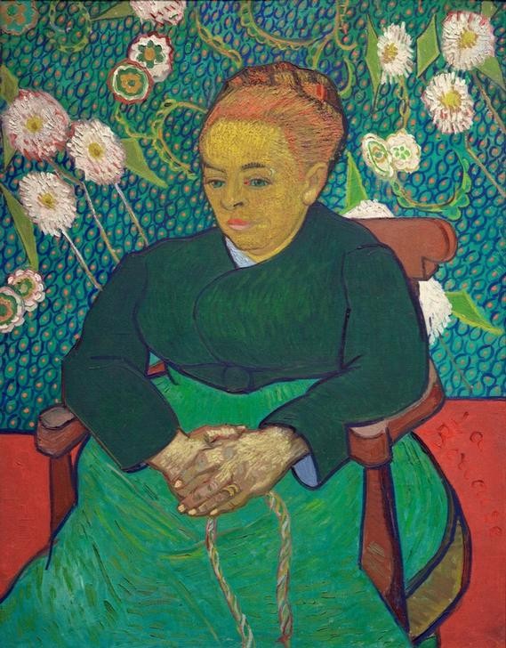 Vincent van Gogh, La Berceuse (Augustine Roulin) (Frau,Mensch,Tapete,Impressionismus,Portrait,Rote Haare,Sitzen,Geblümt,Kniestück)