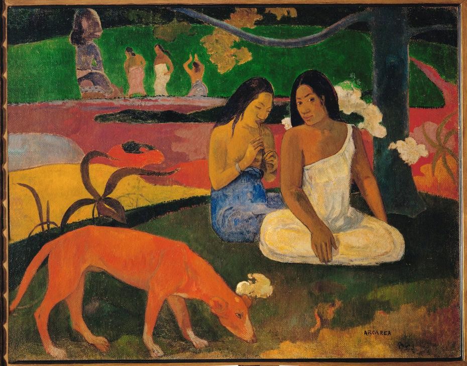 Paul Gauguin, Arearea (Bad,Frau,Landschaft,Schwimmen,Sport,Strand,Völkerkunde,Wasser,Naturreligion,Meer,Naturvölker,Hund,Baum,Französische Kunst,Haustier,Leben,Exotik,Frau Und Tier,Frauenleben,Tier,Tropen,Ureinwohnerin,Synthetismus,Land Und Leute,Kultbild,Vier Elemente)