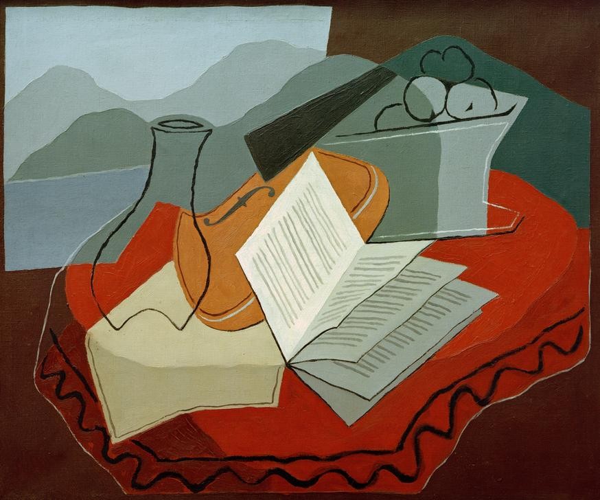 Juan Gris, Violon à fenêtre ouverte (Buch, Buchseiten, Geige, Obstschale, Tischtuch, Stillleben,  Kubismus, Klassische Moderne, Wohnzimmer, Esszimmer, Wunschgröße)