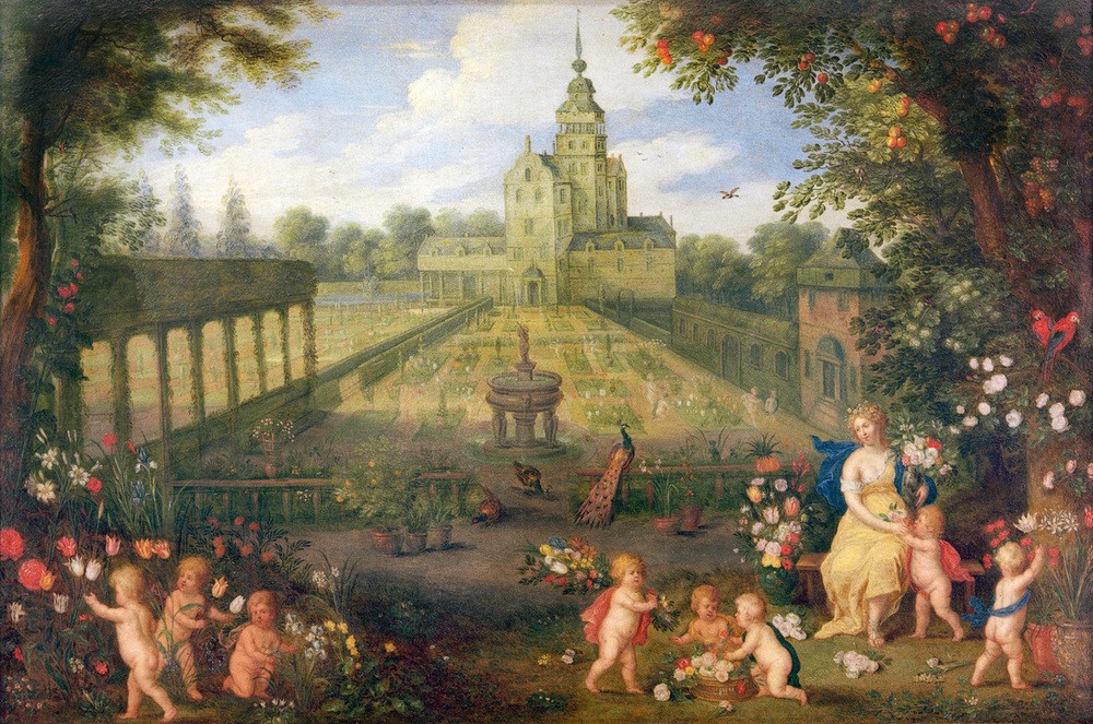 Jan Brueghel der Ältere, Flora (Garten Und Park,Landschaft,Mythologie,Park,Schloss,Barock,Frühling,Allegorie,Pfau,Putto,Architekturdarstellung,Niederländische Kunst,Blumenpflücken,Gartenarchitektur,Blume,Griechisch-Römische Mythologie,Garten)