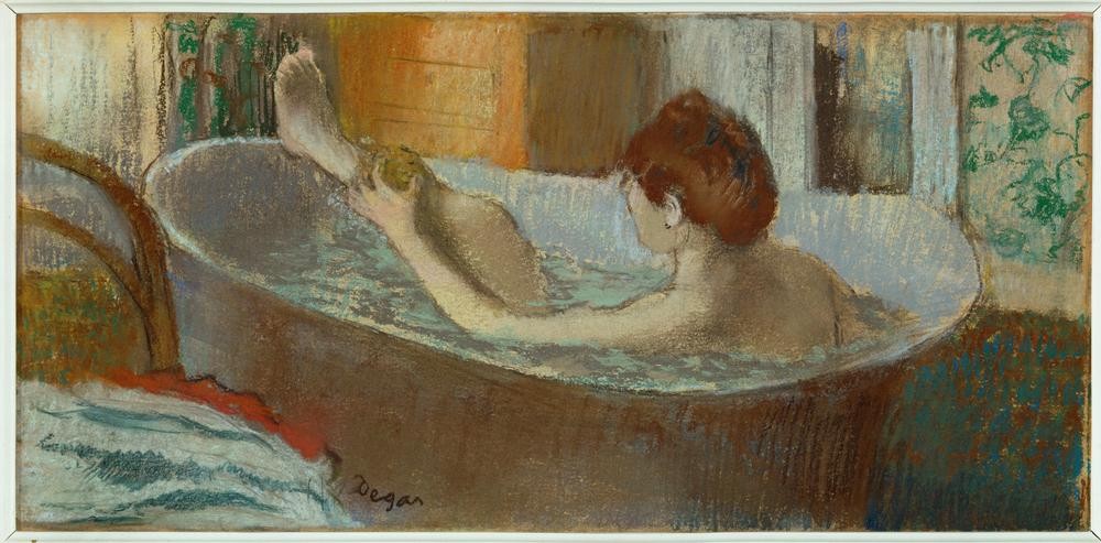 Edgar Degas, Femme dans son bain se lavant la jambe (Körperpflege,Bad,Frau,Wannenbad,Impressionismus,Französische Kunst,Badezimmer,Schwamm,Frauenleben,Intimsphäre,Beine,Badewanne)