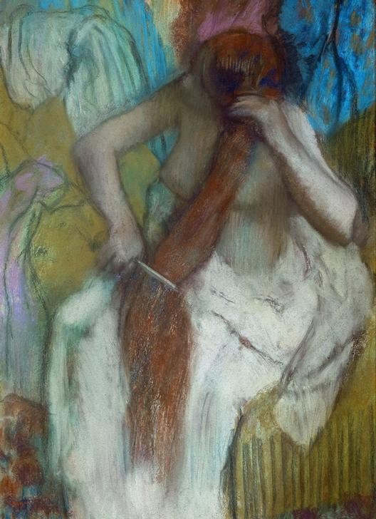 Edgar Degas, Femme se peignant ou La chevelure (Körperpflege,Bad,Frau,Haarpflege,Kunst,Mädchen,Impressionismus,Akt,Portrait,Kamm,Französische Kunst,Halbakt,Rote Haare,Frauenleben,Langes Haar,Kopf,Sitzen,Intimsphäre,Frisur,Haarekämmen)