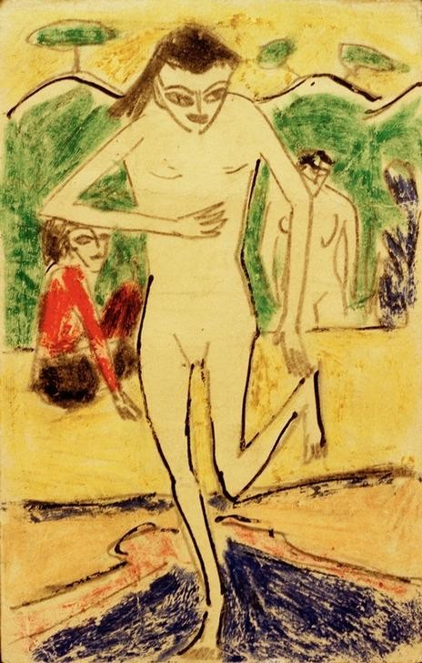 Ernst Ludwig Kirchner, Fränzi vor Wandbehang (Deutsche Kunst,Kind,Kunst,Mädchen,Mensch,Akt,Expressionismus,Die Brücke,Ganzfigurig)