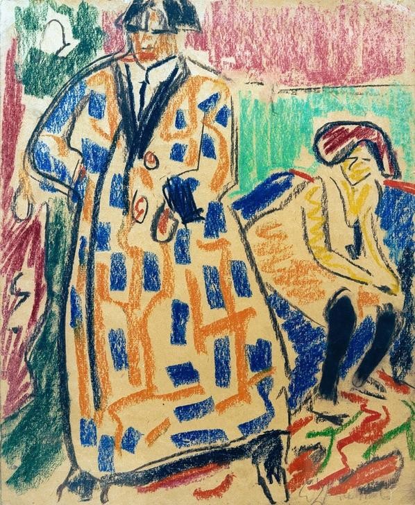 Ernst Ludwig Kirchner, Selbstbildnis mit Modell (Bildhauer,Deutsche Kunst,Grafiker,Frau,Herrenmode,Künstler Und Modell,Künstler,Kunst,Maler (Künstler),Mann,Modell,Mode,Selbstbildnis,Portrait,Hausmantel,Expressionismus,Die Brücke,Paar,Ganzfigurig,Gemustert,Person)