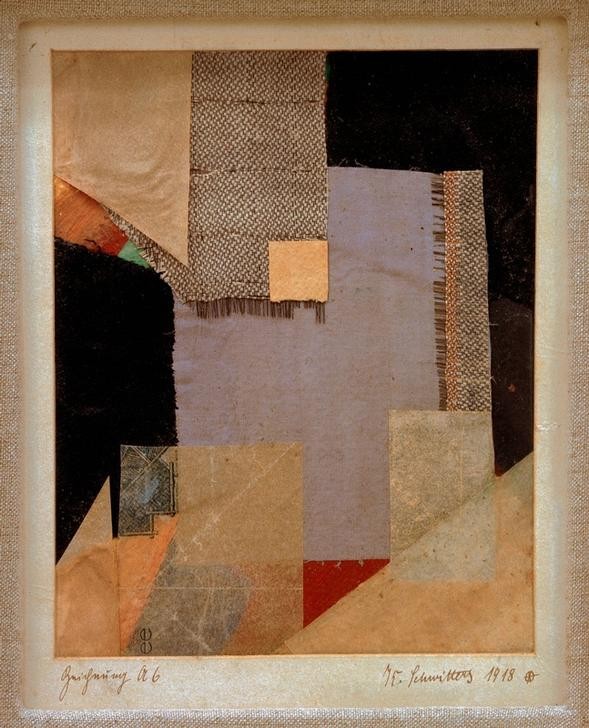 Kurt Schwitters, Zeichnung A 6 (Klassische Moderne, Malerei, Abstrakt, Collage, Fasern, geometrische Formen, Wunschgröße, Papierschnipsel, Dadaismus, Wohnzimmer, Treppenhaus, bunt)