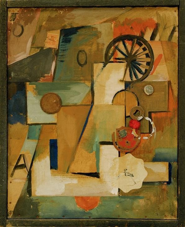 Kurt Schwitters, Ohne Titel (Dein treufrischer) (Abstraktion, Collage,  Papierschnipsel, Dadaismus, Rad, Speichen, Ringe, Buchstaben,  Wohnzimmer, Wunschgröße,)