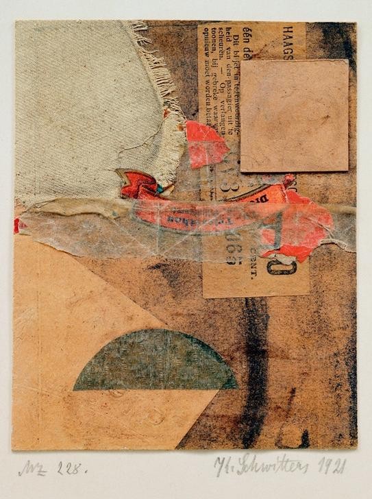 Kurt Schwitters, Mz 228 (Abstraktion, Collage, Zeitungsausschnitte, Pappe, Textilstücke, Papierschnipsel, Dadaismus, Merzbilder,  Wohnzimmer, Wunschgröße,)
