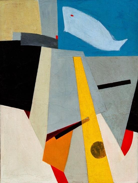 Kurt Schwitters, Ohne Titel (Bild mit Walfisch) (Klassische Moderne, Malerei, Abstrakt, Collage, Wal,   geometrische Formen,  Dadaismus, Wohnzimmer, Treppenhaus, Wunschgröße, bunt)