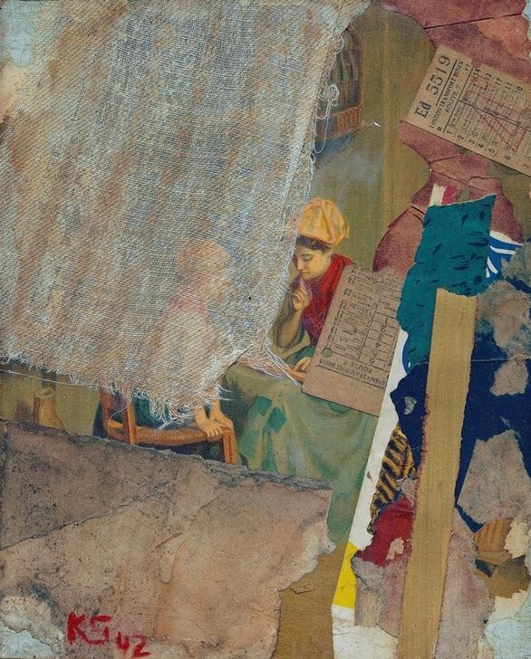 Kurt Schwitters, Merz 42–like an old master (Dadaismus,Deutsche Kunst,Frau,Kunst,Textil,Verkehr,Fahrkarte)
