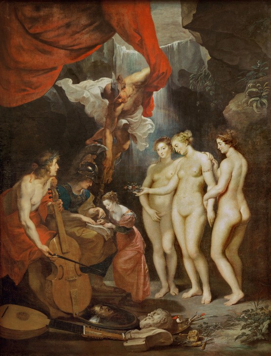 Peter Paul Rubens, Die Erziehung der Maria von Medici (Ausbildung,Flämische Kunst,Frau,Handel,Königin,Krieg,Kunst,Lesenlernen,Musik,Mythologie,Pädagogik,Szene,Viola Da Gamba,Barock,Instrument,Akt,Allegorie,Prinzessin,Niederländische Kunst,Kleidung (Allgemein),Gott,Person,Griechisch-Römische Mythologie)