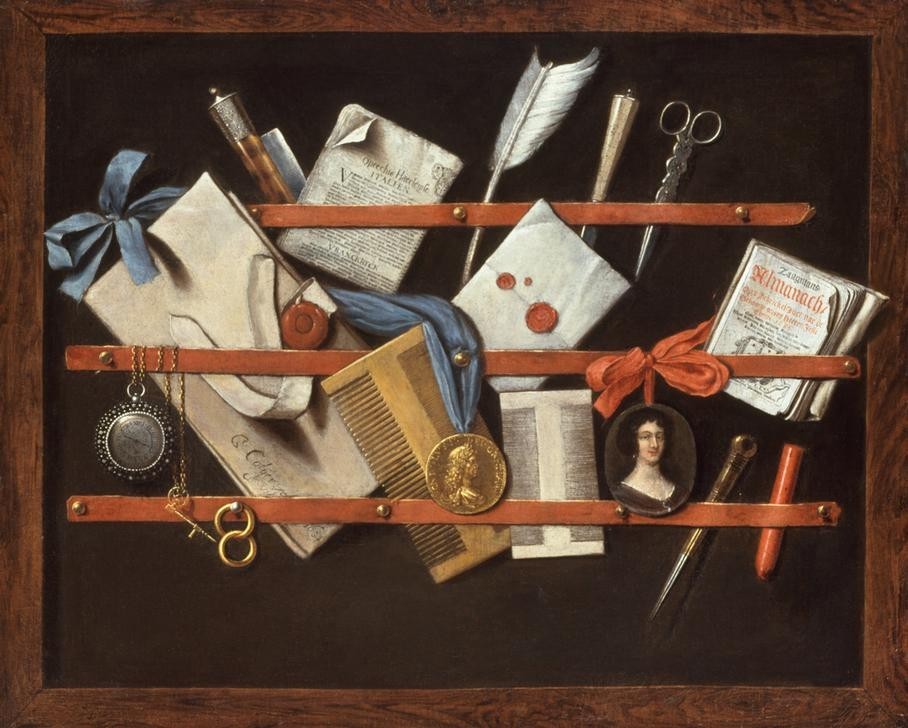 Edwaert Colyer, Trompe l'oeil-Stillleben (Brief,Buch,Frau,Kunst,Taschenuhr,Siegel,Barock,Portrait,Zeitung,Feder,Trompe L'oeil,Kamm,Niederländische Kunst,Medaillon,Schere,Medaille,Münze,Steckbrett)