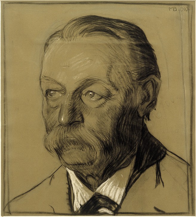 Max Beckmann, Porträt des Onkels Friedrich Beckmann, Halbprofil nach Links (Portrait, Bildnis, Gesicht, Persönlichkeiten, Zeichnung, Schnurrbart, Expressionismus, Klassische Moderne, Wunschgröße, Wohnzimmer, Treppenhaus, sepia/grau)