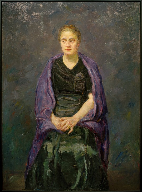 Max Beckmann, Bildnis Minna Beckmann-Tubemit violettem Schal (Persönlichkeiten, Künstlerin, Opernsängerin,  Ehefrau, Eleganz, Portrait, Ganzkörperportrait, sitzende Frau,  Expressionismus, Mensch und Gesellschaft, Wunschgröße, Wohnzimmer, bunt)