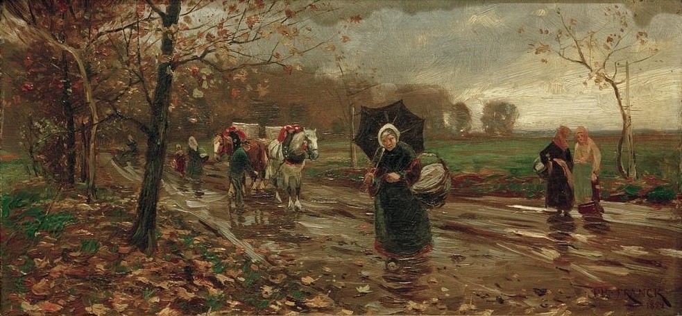 Philipp Franck, Herbsttag (Bauer (Landwirt),Deutsche Kunst,Herbst,Jahreszeiten,Kunst,Landstrasse,Landschaft,Pferd (Tier),Pferdewagen,Regen,Strassenszene,Verkehr,Wetter,Realismus,Regenschirm,Fussgänger,Landleben,Landbevölkerung,Pferdegespann)