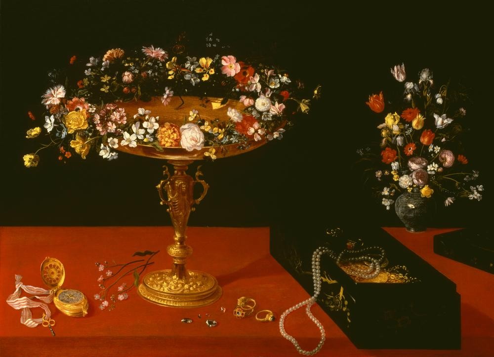 Jan BRUEGHEL DER Jüngere, Stilleben mit Blumen und Schmuckkasten (Flämische Kunst,Kunst,Lilie,Ring,Rose,Schmuck,Taschenuhr,Tulpe,Uhr,Blumenkranz,Barock,Stillleben,Schlüssel,Schale (Gefäss),Perlenkette,Blumenstrauss,Nelke,Niederländische Kunst,Uhr Aufziehen,Fingerring,Blume,Schmuckkasten,Tazza)