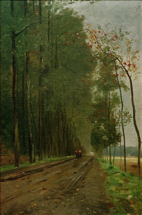 Philipp Franck, Chaussee am Waldrand (Allee,Deutsche Kunst,Kunst,Landstrasse,Landschaft,Verkehrswege,Strasse (Allgemein),Verkehr,Wald,Realismus)