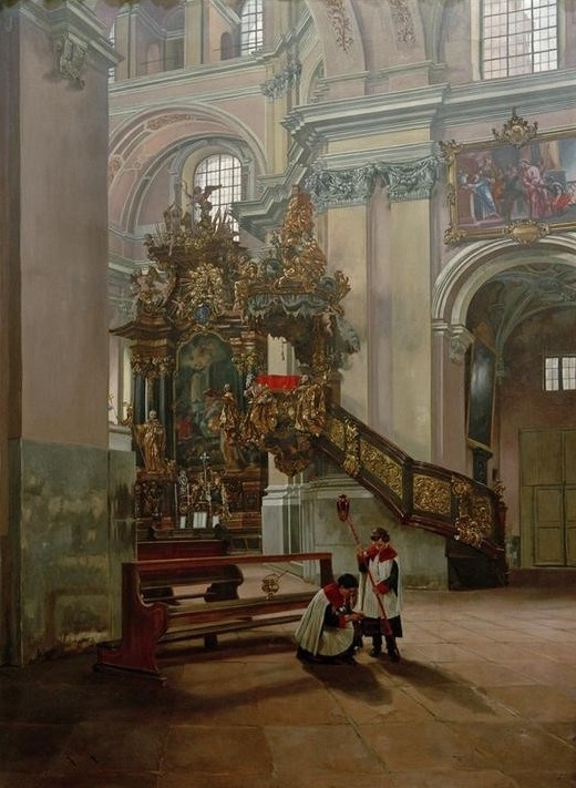 Philipp Franck, Kircheninterieur (Architektur,Deutsche Kunst,Katholische Kirche,Kirche,Kunst,Innenarchitektur,Kanzel,Ministrant,Interieur,Architekturdarstellung,Innenansicht,Sakralbau)